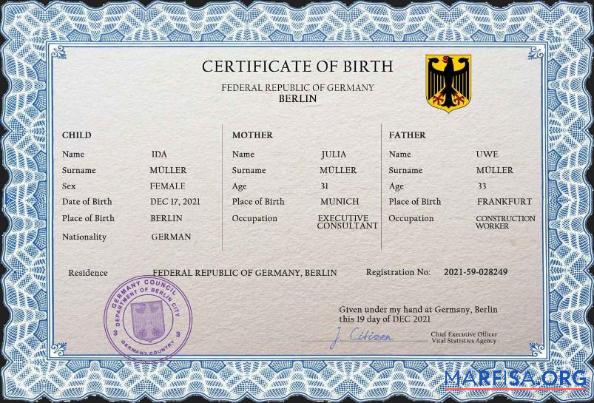 Blank Germany vital record birth certificate PSD template